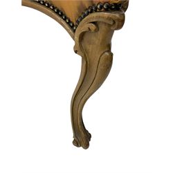 Pair of Victorian walnut side chairs, shaped cresting rail carved with acanthus leaves, overstuffed upholstered seats with stud band, on cabriole supports with scroll carved terminals