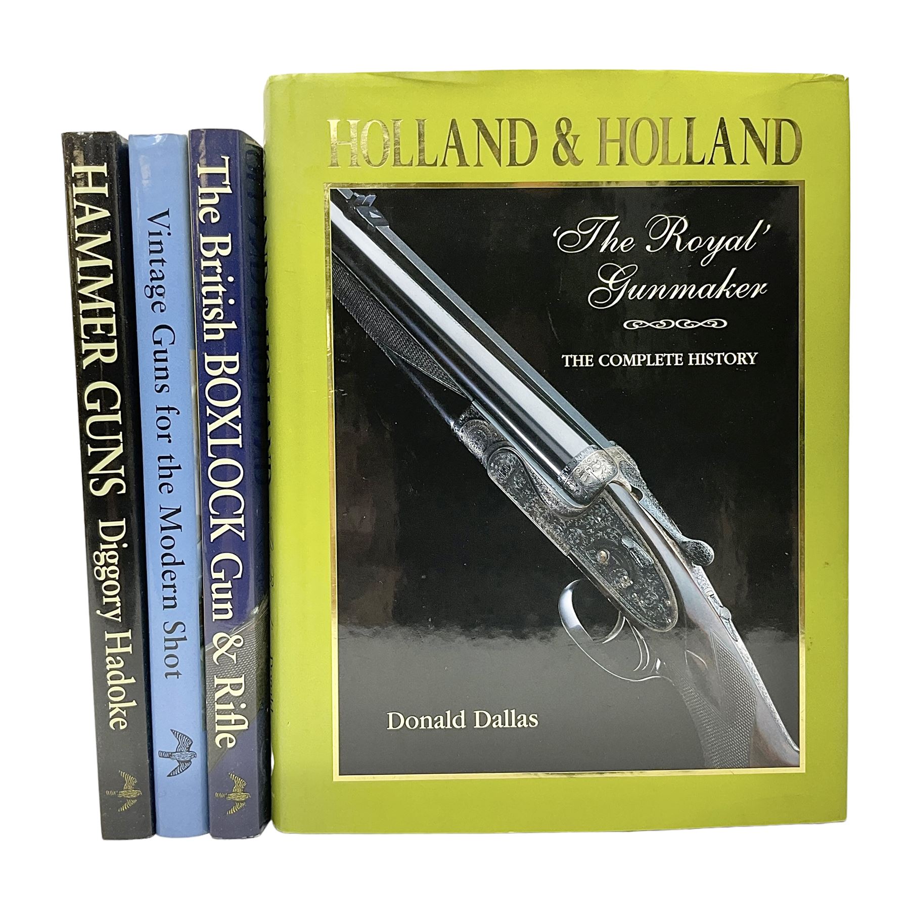 Dallas Donald: Holland & Holland The Royal Gunmaker The Complete History. 2003 Quiller Press; and three other books on guns by Diggory Hadoke - Hammer Guns in Theory and Practice. 2016; Vintage Guns for The Modern Shot. 2007; and The British Boxlock Gun & Rifle. 2012; all with dustjackets (4)