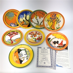  Set of eight Wedgwood Clarice Cliff Bizarre series plates comprising Summerhouse, Tulip, Bridgewater, Red Tree, Windbells, Honolulu, Garden Blue and Monsoon, seven with certificates (8)  