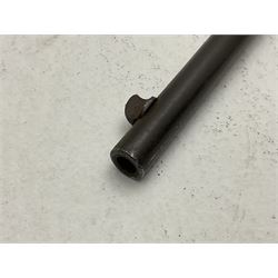 Late 18th century 7.2mm (approx. .28 calibre) Girandoni system single shot reservoir air rifle, the 62cm steel barrel with swivelling two-leaf rear sight, brass breech decorated with a sunburst and lever opening top loading, engraved steel lock-plates marked 'S. Gaskell' to the right side underneath the cocking lever, brass trigger guard,  leather covered steel butt reservoir of tapering conical form with brass ferrule and walnut fore-stock with horn mounts L107cm overall