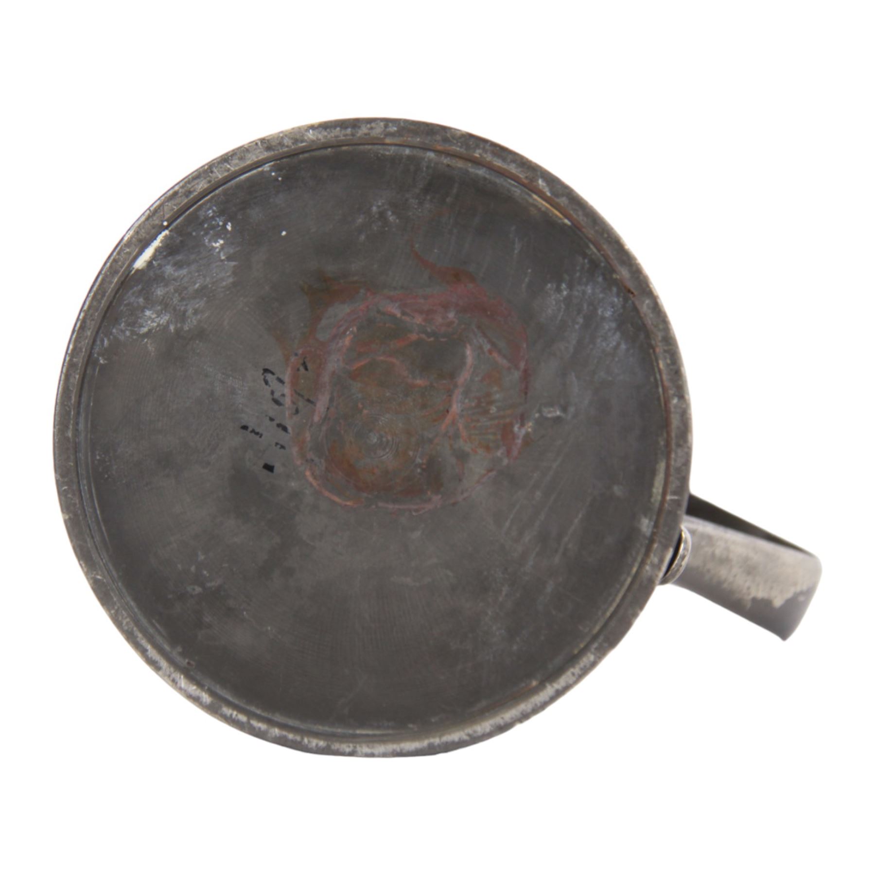 George III pewter tappit hen, circa 1800, the body of typical shouldered form, with bands of incised lines, curved flat thumbpiece, and curved strap handle, bearing indistinct touch marks along collar, including thumb piece H26.5cm, 