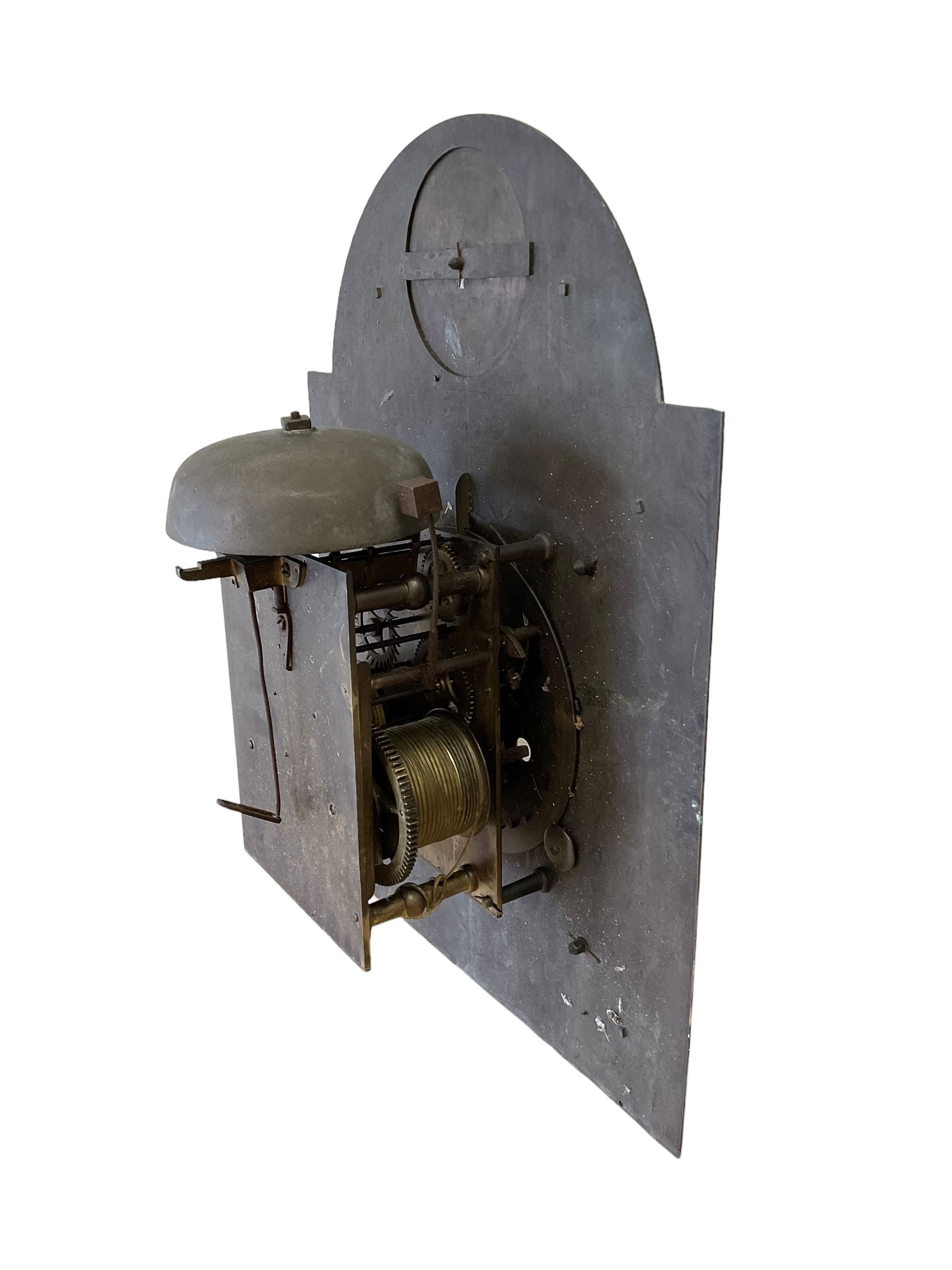 Late 18th century - 8-day longcase movement with a  12” x 16” brass dial signed Robert Clidsdale of Edinburgh, with original hands chapter ring and spandrels, with a rack strike and anchor escapement. No weights, key or pendulum.