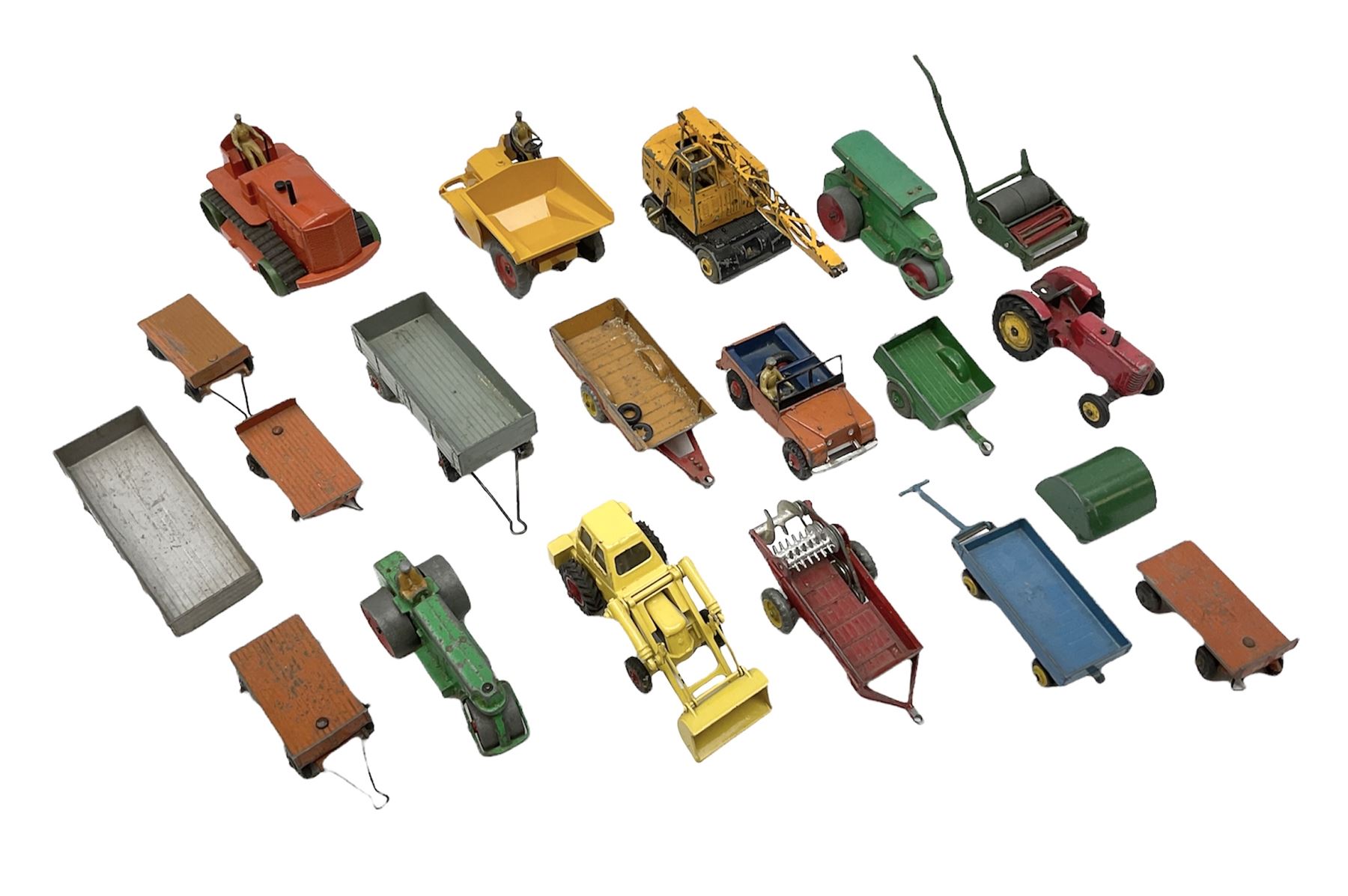 Dinky - nineteen unboxed and playworn/repainted die-cast models including Muir Hill Dumper, Muir Hill 2WL and Heavy Tractor; all repainted; Coles Mobile Crane, two Aveling-Barford steam rollers; Massey-Harris tractor and manure spreader; Land Rover; nine various trailers etc (19)