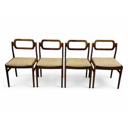 Johannes Andersen for Uldum Mobelfabrik - set of eight Danish teak dining chairs, each with open back rests with curved edges, upholstered seats in a neutral woven fabric, raised on tapered supports