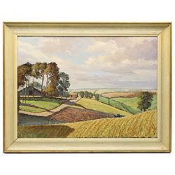 Leslie A Cunnington (20th century): 'Caistor from Normanby-le-Wold' Lincolnshire, oil on board signed, titled on label verso 50cm x 69cm