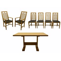 Treske of Thirsk solid ash rectangular dining table, and six (4+2) chairs with green leather seats
