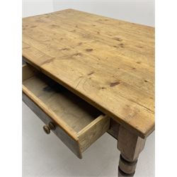 19th century and later pine farmhouse style kitchen dining table, rectangular boarded top over two side drawers, turned supports, polished and waxed finish