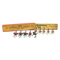 Britains Soldiers - Set No.31 1st Dragoons The Royals with four dragoons on trotting horses and officer on rearing horse, and Set No.32 2nd Dragoons Royal Scots Greys with four Dragoons and officer on trotting horses, both in original Whisstock boxes (2)