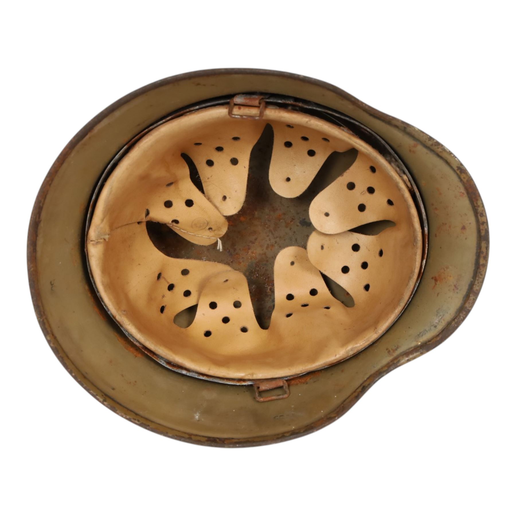 WWII German Third Reich M1940 helmet, with desert camouflage, the left inner brim stamped SE64, the back inner brim stamped 506, with leather eight tongue liner, together with German M34 helmet