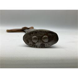 Estwing Black Eagle style double bit throwing axe with leather grip, virtually mint with labels present, plastic blade protectors and nylon sheath L43cm; another smaller Estwing axe stamped 24A to the pommel, with leather grip and sheath; and a vintage short handled hedge knife, the blade stamped IH (?) No.2 (3)