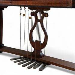 Austrian “Viennese” Grand Piano by Joseph Böhm c1820.
Straight triple strung, with a Viennese action and adjustable escapement rail, some new dampers and damper felt with leather covered hammers, string gauges marked on the wrest plank, soundboard appears to have been shimmed in places, bridge in good condition, possibly re-strung at some time with one tuning pin and two strings missing. Action with good repetition and damping, however some adjustment may be necessary to both the action and pedals. Six octave keyboard, with 78 keys C1-F7, with Ivory naturals and ebony sharps, lyre supported on a stretcher with seven pedals, Bells & Drum, Treble Sustain, Full Sustain, Piano & Pianissimo, Bassoon Stop and Una Corda. Adjustable open lattice music desk. Ebonised panel above the keys with maker name and decorative gilt mounts depicting imperial eagles, grapevines, scrollwork, and angelic trumpeters. Case raised on three circular columns with block supports. 
This instrument is typical of the type of piano being made in Vienna in the early 19th century and a type of piano possibly familiar to Beethoven during the period of the composers’ later compositions. This piano is thought to be one of the earliest known pianos by this maker and was discovered in Milan in the 1870’s. A retailer’s trade label from that period is attached to the soundboard.

Given the intricate nature of these historic instruments, specialist support will be available if required, to assist successful buyers with safe removal and onward handling. Price upon application. 

This item has been registered for sale under section 10 of the APHA Ivory Act Reference A2ZEXJGY