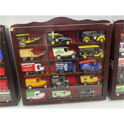 Set of eight wall mounting die-cast model display cabinets, each with hinged glazed door and containing fifteen modern promotional commercial vehicles by Corgi, Days Gone, Lledo, Oxford etc in fitted compartments; total models one-hundred and twenty 
32 x 33cm (8)
