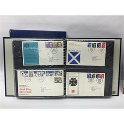 Stamps including Great British and Channel Islands first day covers, with various postmarks and genres, reference material etc, housed in various folders and loose, in one box
