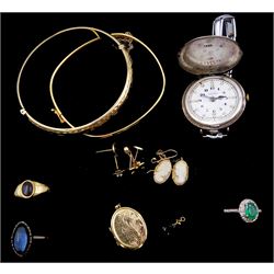 9ct gold jewellery including pair of cameo pendant earrings, ring, locket and single stone set earrings, two silver rings and a silver full hunter wristwatch by Tavannes, Glasgow import marks 1928