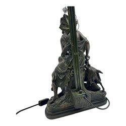 Large table lamp, the base modelled as a woman with putti and goat, with three glass shades, H90cm   