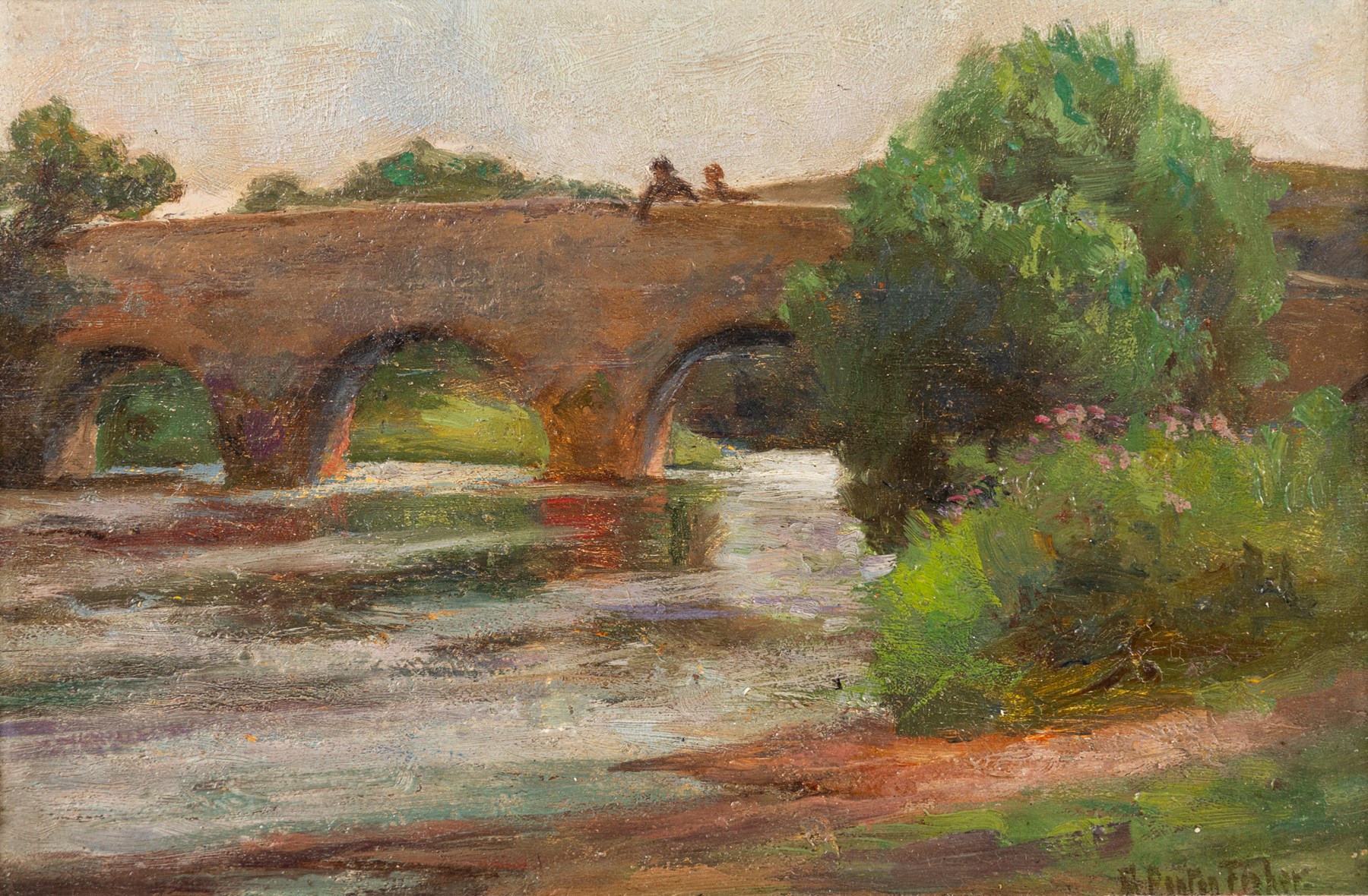 George Penton Fisher (British 1871-1914): Gazing Over the Bridge, oil on wood panel signed 15cm x 23cm