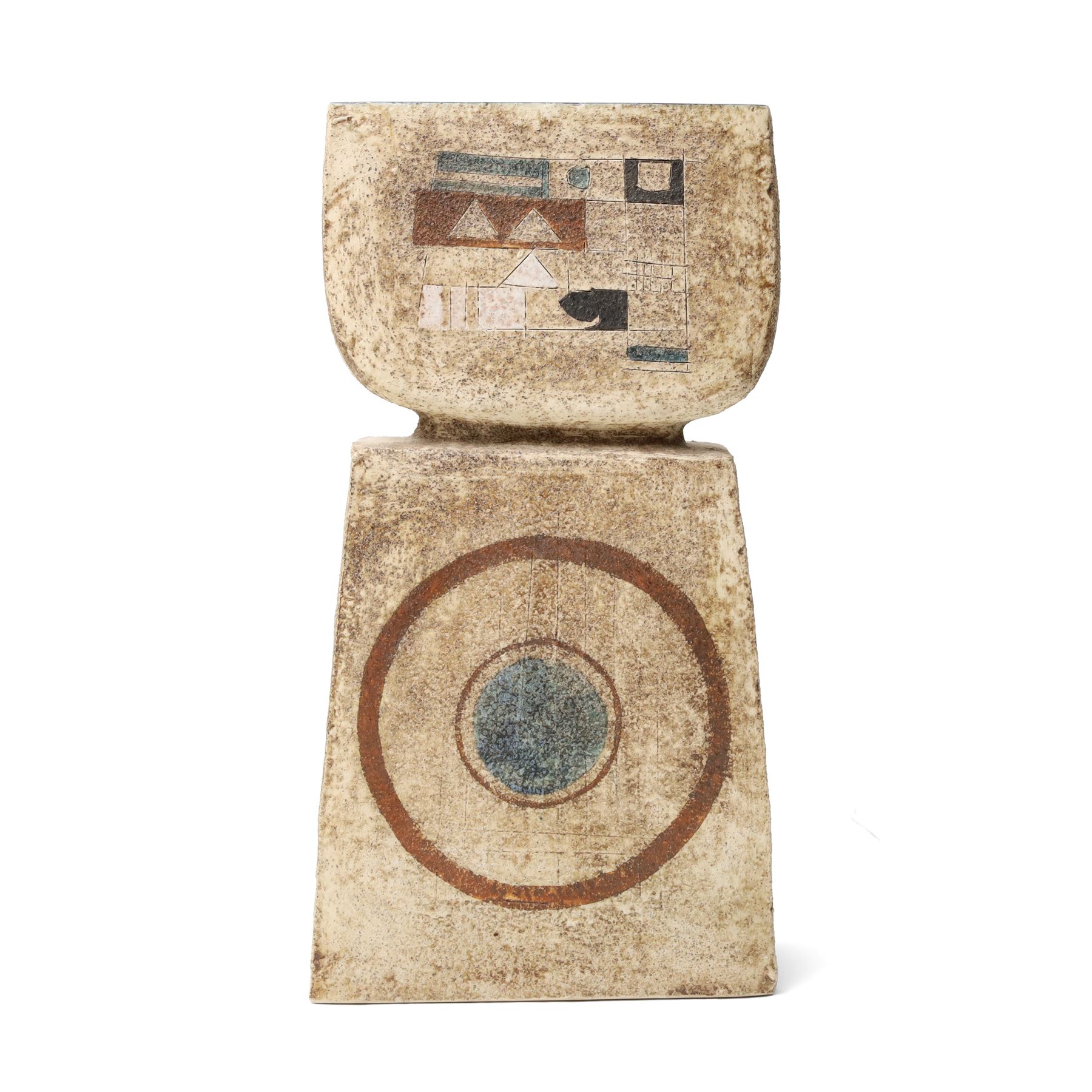 Sylvia Vallance for Troika - large c1970s Double Bass vase, of rectangular and rounded section, decorated to opposing faces with raised, impressed and incised geometric motifs in typical colours, painted 'Troika - St Ives' mark and artists monogram to base, H35.5cm