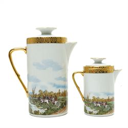 Limoges  coffee set decorated with hunting scenes within a gilt border comprising twelve cups and saucers, coffee pot, cream jug and sugar bowl
