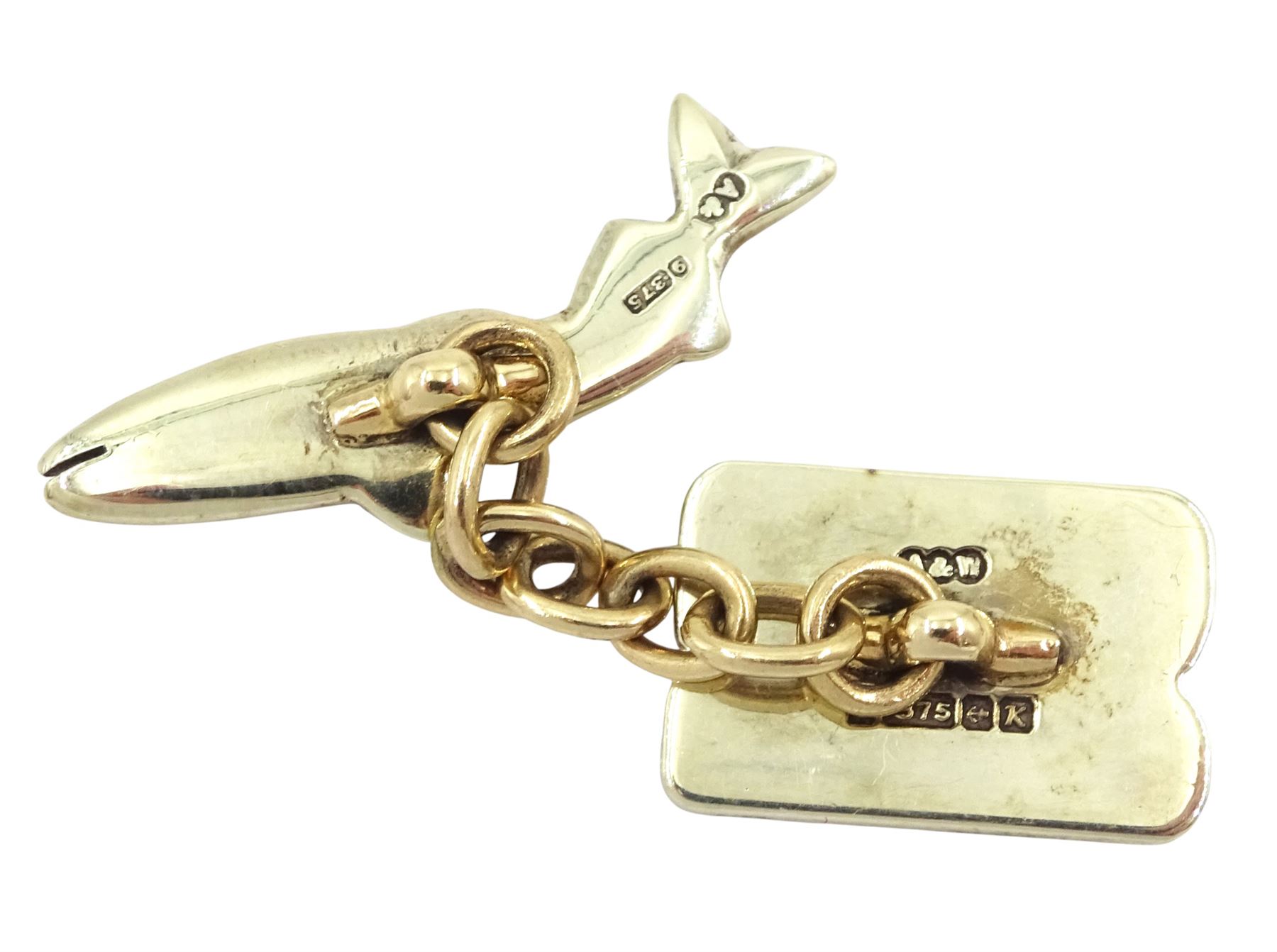 Pair of 9ct gold enamelled fly fishing cufflinks, each with trout and fly hook decoration by Alabaster & Wilson, Birmingham 1959