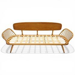 Lucian Ercolani for Ercol - 'Studio Couch' model no. 355, elm and beech framed, with loose tufted pink cushions