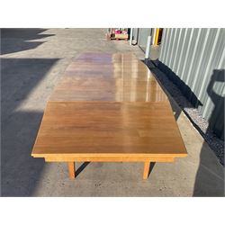 Light oak bespoke boardroom table, concave form, four sectional top on square discreet legs (12' x 5'), with twelve armchairs including 'Chairmans' chair