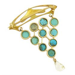 Murrle Bennett Art Nouveau gold turquoise and pearl brooch, stamped 15ct