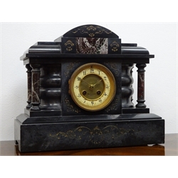  Victorian polished slate and marble architectural mantle clock with Arabic dial inscribed Richardson Paris, twin train movement striking the half hours on a coil, W37cm , H31cm    