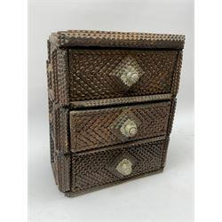 19th century Tramp art three drawer chest with typical chip carved decoration and metal handles, H34.5cm, W30cm, D17cm