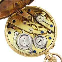 Early 20th century 14ct gold ladies cylinder fob watch, white enamel dial with Roman numeral hour markers, stamped, in velvet and silk lined case