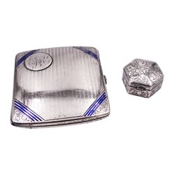 20th century German silver cigarette case, with engraved monogram to circular panel upper left corner, and engine turned banded decoration, the corners detailed with blue enamel, with crown and crescent mark and stamped 900, together with a small modern silver pill box of hexagonal form, the hinged cover and sides with foliate engraving, hallmarked Thai Design Distributors Ltd, London import 1978, also stamped 925, approximate total weight 4.27 ozt (132.7 grams)