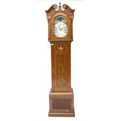 Late 20th century inlaid mahogany longcase clock, swan neck pediment over stepped arch glazed door, the trunk inlaid with foliage and flower heads, moon phase dial, twin train driven movement striking on bell