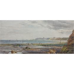 Attrib. Mary Weatherill (British 1834-1913): Whitby from 'Sandsend' with Children on the Beach, watercolour unsigned, old titled board dated August 1906 verso 16cm x 34cm