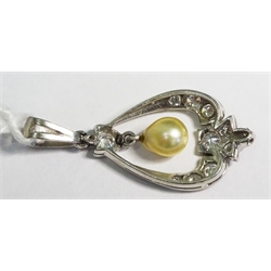 Platinum diamond and pearl, milgrain set pendant 