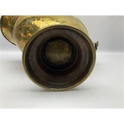 Victorian brass coal scuttle, of helmet form with turned ebonised handles, H48cm