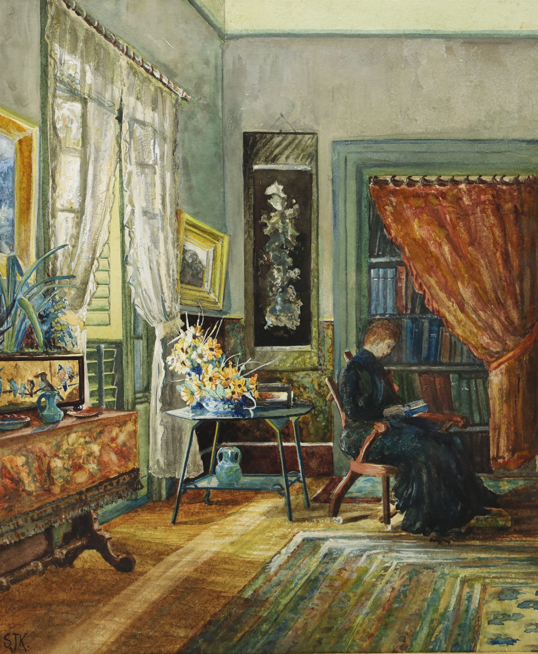 English School (20th Century): Woman Reading in a Daylit Interior, watercolour signed S J K 34.5cm x 29cm