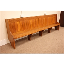  Mid century large oak pew, tongue and grove back, solid end supports, W321cm  
