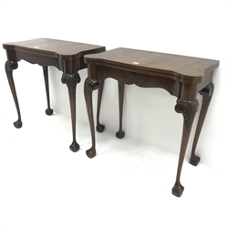 Pair 20th century inlaid mahogany card tables, inset green baize interior, carved cabriole legs on claw and ball feet, W76cm, H75cm, D85cm