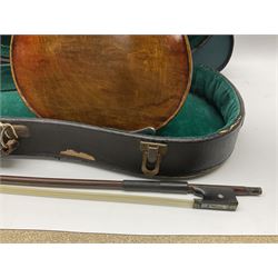 French violin c1900 with 36cm one-piece maple back and ribs and spruce top, overall L59cm; in contemporary hard case with bow; together with an additional unused modern fur lined case (2)