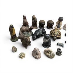 Collection of 33 small glazed cast stone garden animals and figures