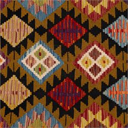 Afghan kilim rug, the field in earthy tones decorated with columns of repeating lozenges with further geometric motifs, the teal guard band with repeating stepped lozenges heightened with ivory