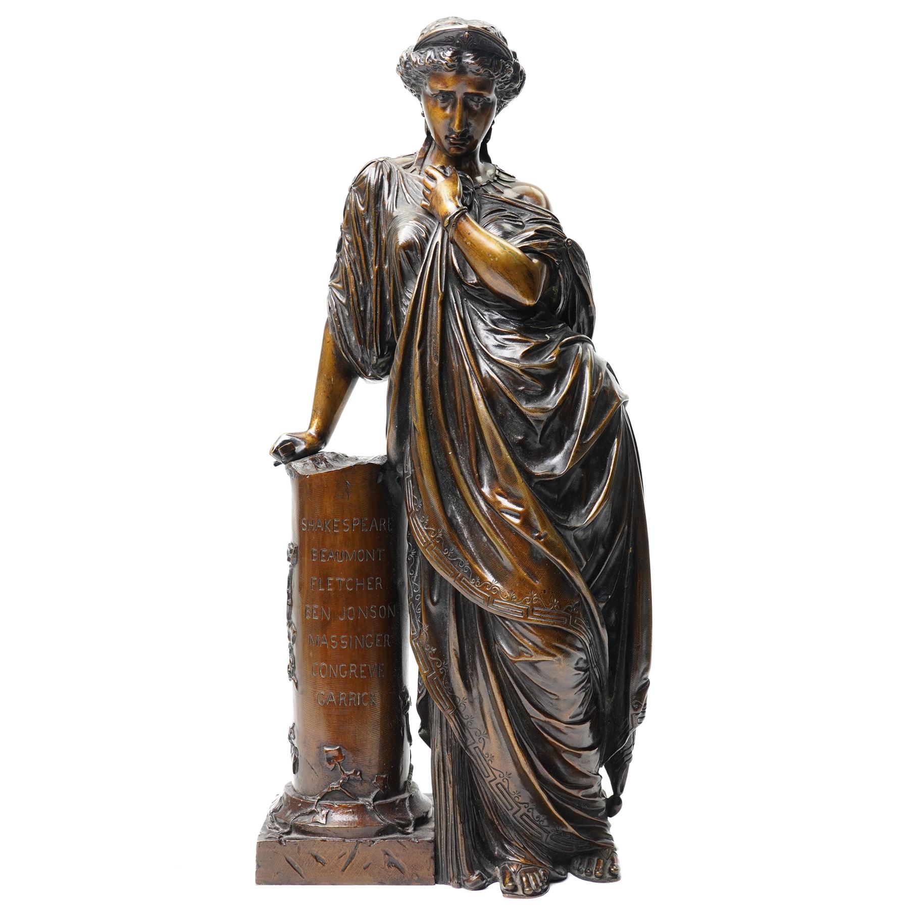 After the Antique - a pair of important 19th-century patinated bronze allegorical figures representing Calliope and Melpomene, the Muses of Epic Poetry and Tragic Drama, each modelled as a classically draped female figure standing beside a pedestal with climbing ivy, Calliope depicted writing upon a tablet, embodying poetic inspiration; Melpomene shown in contemplative pose and wearing a serpent bracelet, emblematic of wisdom, transformation and the inspired voice of drama, the pedestals inscribed respectively with the names of celebrated English poets and playwrights including Chaucer, Spenser, Milton, Pope, Cowper, Burns, Byron and Scott; the other with Shakespeare, Beaumont, Fletcher, Ben Jonson, Massinger, Congreve and Garrick, on integral square bases, each bearing incised or stamped foundry or model numbers to the underside, H47cm