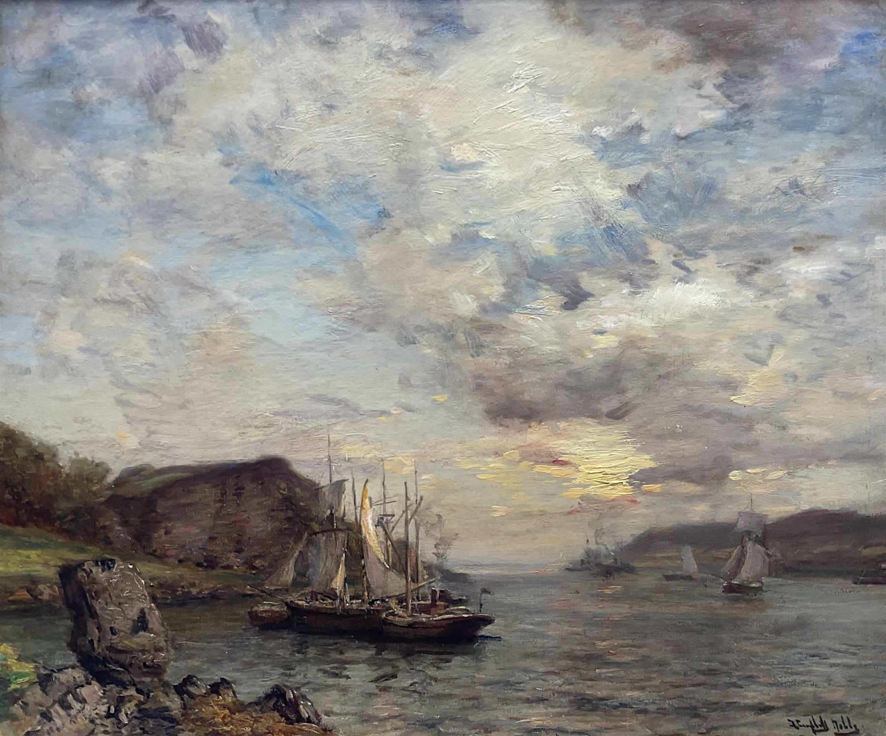 James Campbell Noble RSA (Scottish 1846-1913): Shipping at Sunset, oil on canvas signed 50cm x 60cm