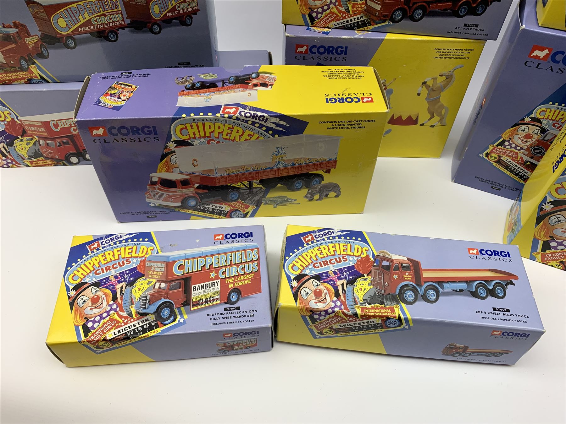 Sixteen Corgi limited edition Chipperfields Circus models - 07202 Land Rover Public Address & Clowns; 11201 ERF KV Artic with cages lions, tigers, pedestal & tamer; 14201 Foden S21 Articulated Tank Trailer with hippo & crocodile; 17801 Scammell Constructor Cannon & Ringmaster; 31703 Land Rover, Morris Minor Pick-Up, Thames Trader & AEC Fire Engine; 31901 Mary Chipperfield's Liberty Horses; 96905 Advance Booking Vehicle; 97022 AEC Regal Living Quarters; 97092 Bedford Pantechnicon Billy Smee Wardrobe; 97915 Scammell Highwayman with two trailers; 97887 Bedford O Articulated Horsebox; 97888 Foden Closed Pole Truck with Caravan; 97889 AEC Cage Truck & Trailer; 97896 AEC Pole Truck; 97957 ERF 8-Wheel Rigid Truck; and Set No.1 Six Circus Figures; all mint and boxed with certificates, some with posters, and brochure (16)