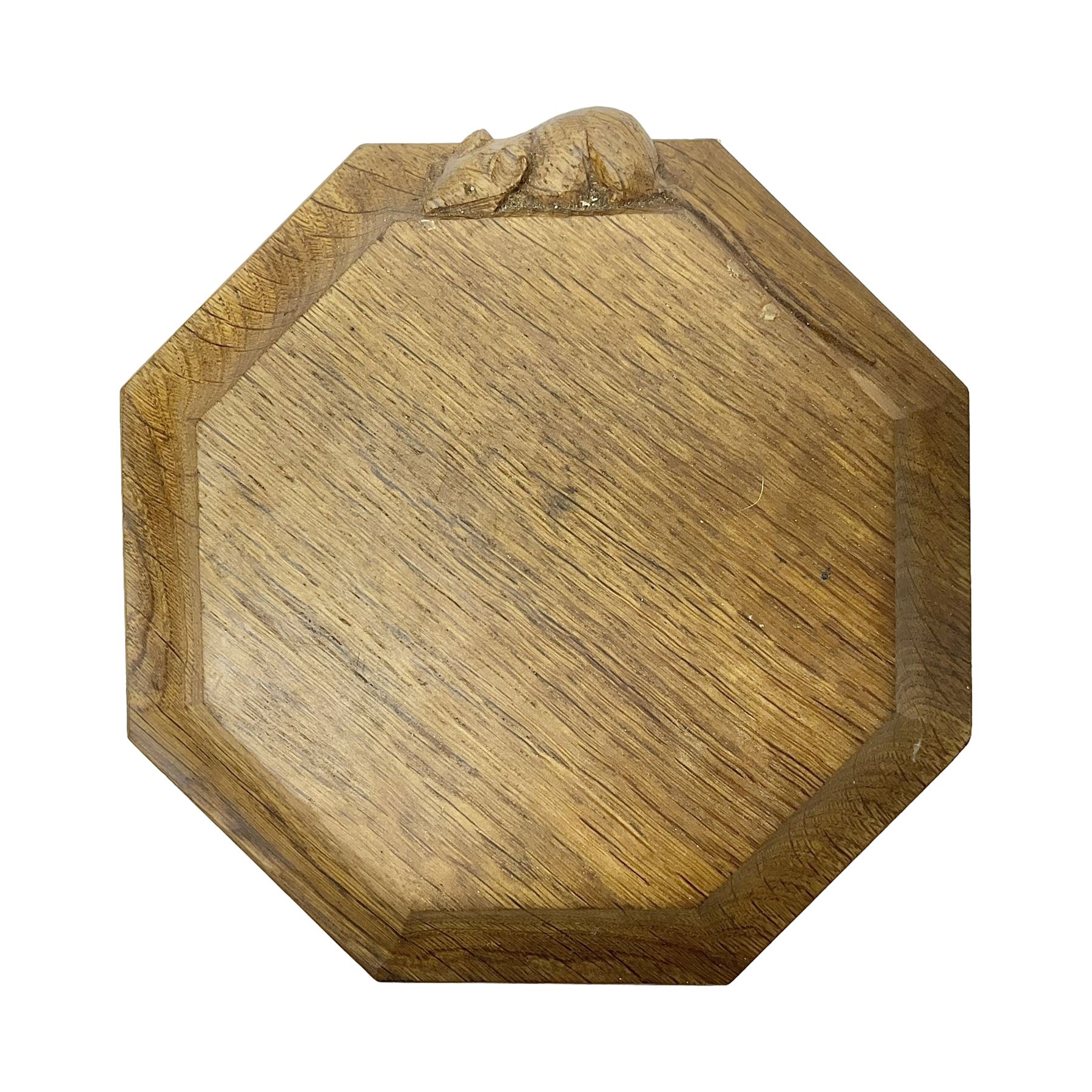 Mouseman - oak octagonal chopping board or teapot stand, moulded edge carved with mouse signature, by the workshop of Robert Thompson, Kilburn