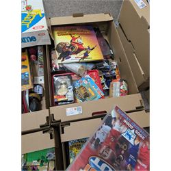 Collection of toys, including Lego Friends, soft toys, football trading cards, etc, in boxes