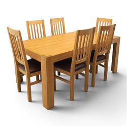 Modern solid oak dining table with set six chairs, chairs with brown leatherette seat