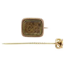 19th century rose gold hair work mourning brooch the reserve engraved 'S. Stenton Ob 25 Jan 1814 AE.49' and a 9ct gold knot design stick pin