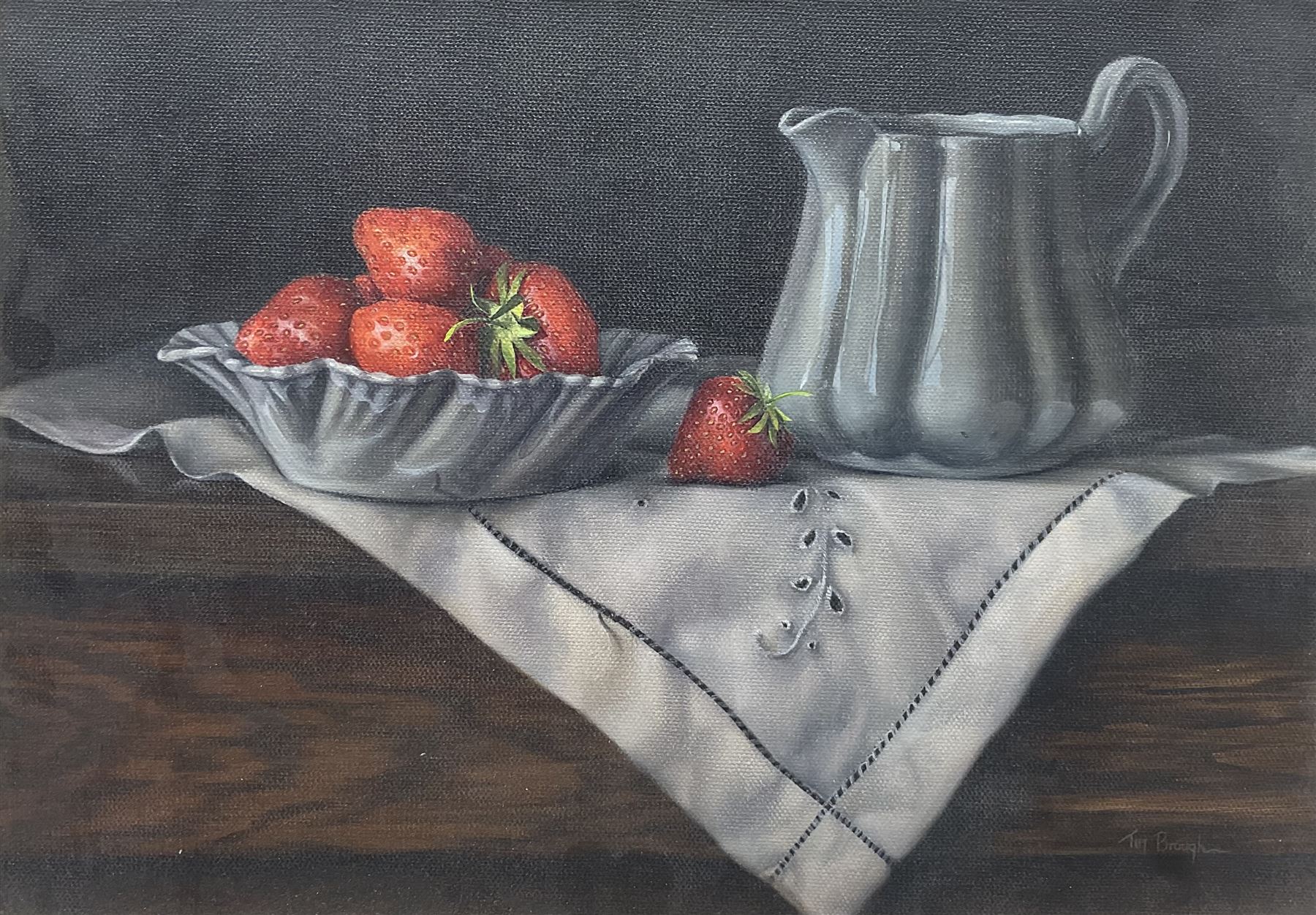 Tim Brough (British 20th century): Still Life with Strawberries, oil on canvas signed 24cm x 34cm
