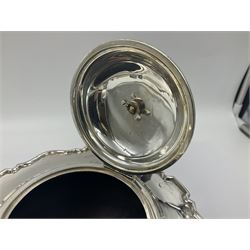 1920s five-piece silver tea service, comprising teapot, coffee pot, hot water pot, twin handled open sucrier and milk jug, each of squat circular form with shaped rim, the teapot, coffee pot and hot water pot each with ebonised handle and finial, the sucrier and milk jug with acanthus capped scroll handles, all upon circular foot, hallmarked R F Mosley & Co, Sheffield 1926 & 1927, tallest H24cm
