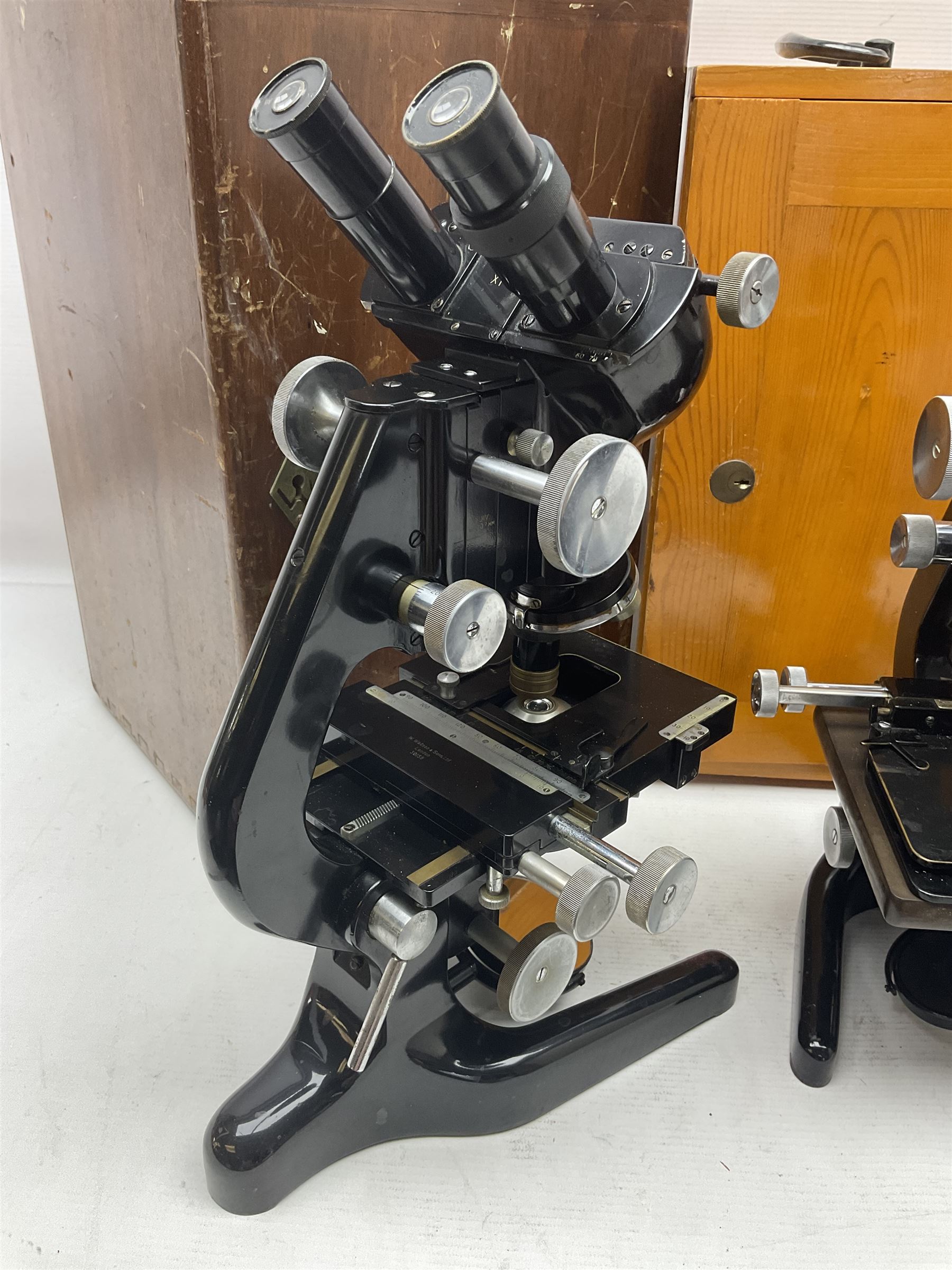 Three microscopes, comprising Ernst Leitz Wetzlar, W Watson & Sons service II no 125485, W Watson & Sons Bactil binocular no 115722, all boxed  